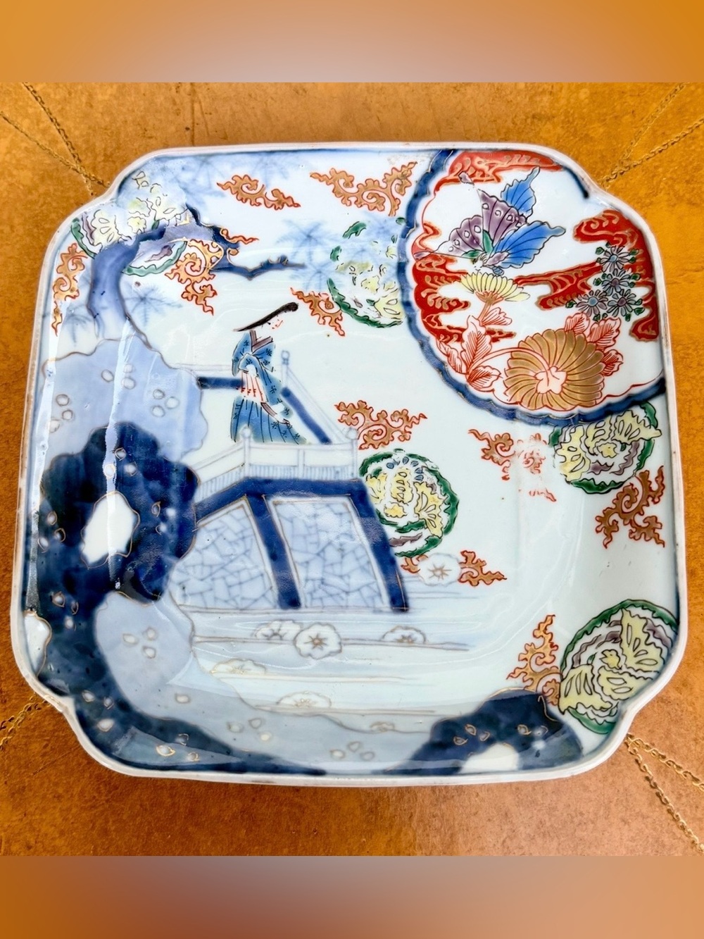 Antique Japanese Imari Porcelain Square Plate Hand Painted Pagoda 7.5” Sq.